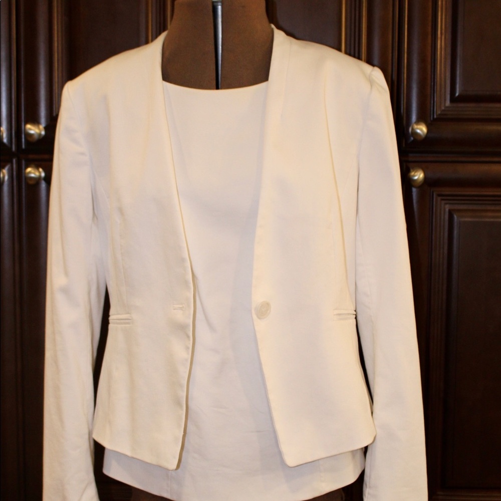 Ann Taylor white suit jacket + business top.